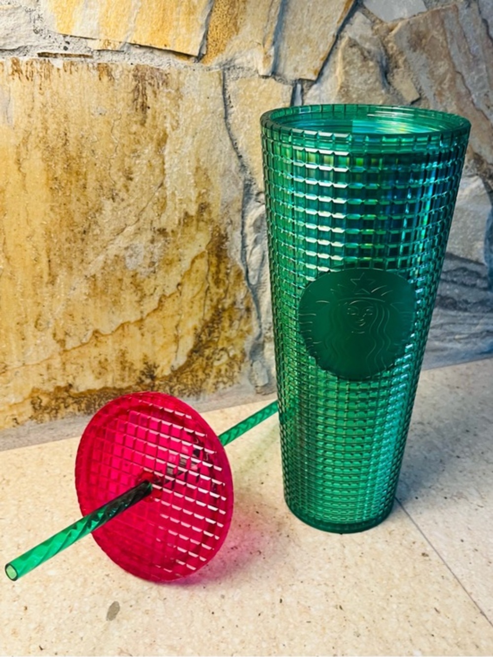 RARE Starbucks Green Studded Tumbler with Bright Pink Lid